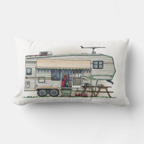 Cute RV Vintage Fifth Wheel Camper Travel Trailer Lumbar Pillow