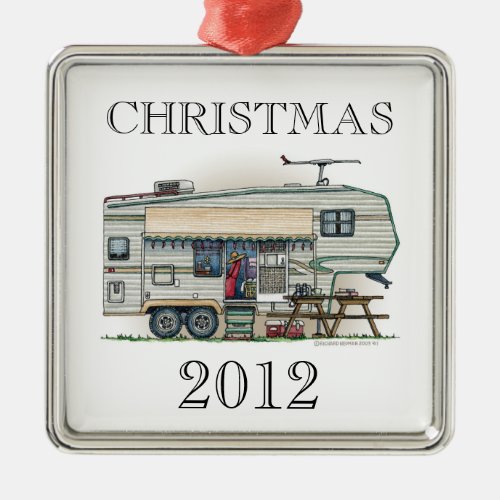 Cute RV Vintage Fifth Wheel Camper Travel Trailer Metal Ornament