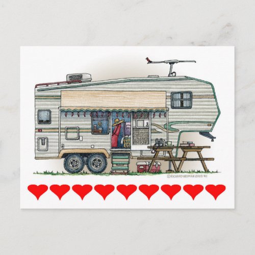 Cute RV Vintage Fifth Wheel Camper Travel Trailer Postcard