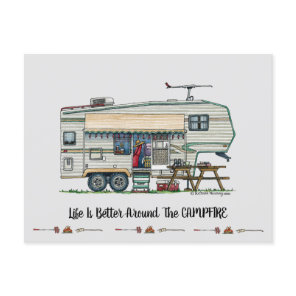 Cute RV Vintage Fifth Wheel Camper Travel Trailer Postcard