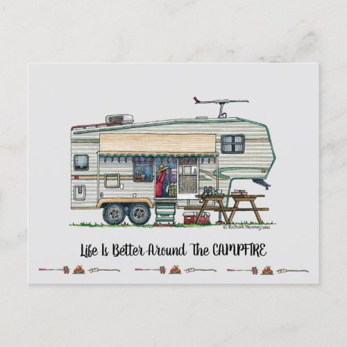 Cute RV Vintage Fifth Wheel Camper Travel Trailer Postcard