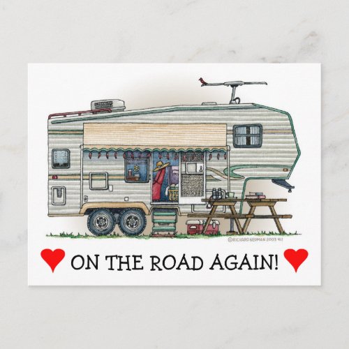 Cute RV Vintage Fifth Wheel Camper Travel Trailer Postcard