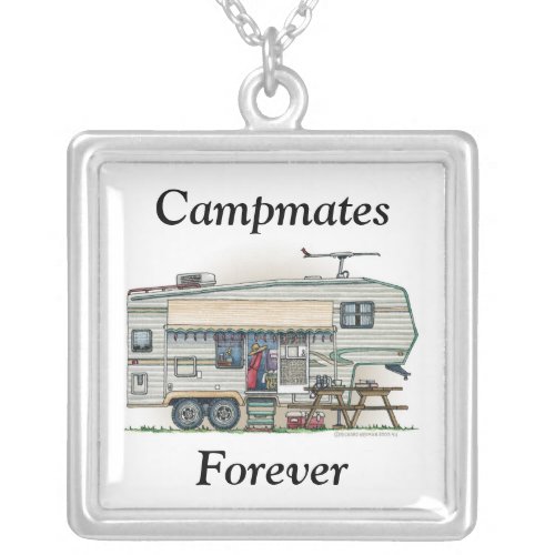 Cute RV Vintage Fifth Wheel Camper Travel Trailer Silver Plated Necklace