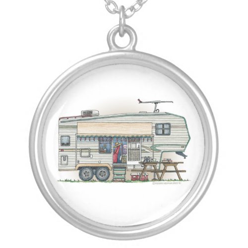 Cute RV Vintage Fifth Wheel Camper Travel Trailer Silver Plated Necklace