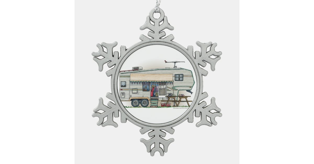 Cute RV Vintage Fifth Wheel Camper Travel Trailer Snowflake Pewter  Christmas Ornament | Zazzle