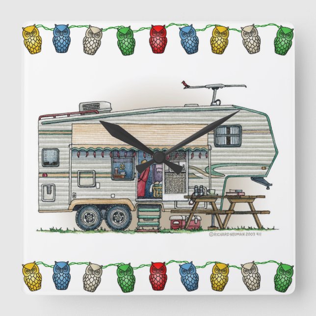 Cute RV Vintage Fifth Wheel Camper Travel Trailer Square Wall Clock (Front)