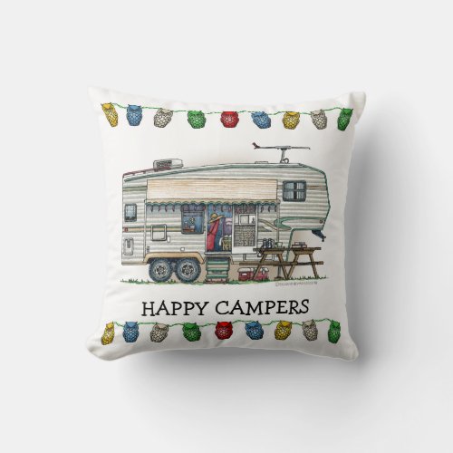 Cute RV Vintage Fifth Wheel Camper Travel Trailer Throw Pillow