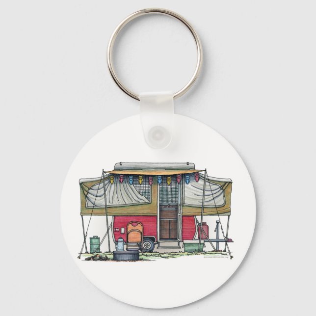 Cute RV Vintage Popup Camper Travel Trailer Keychain (Front)