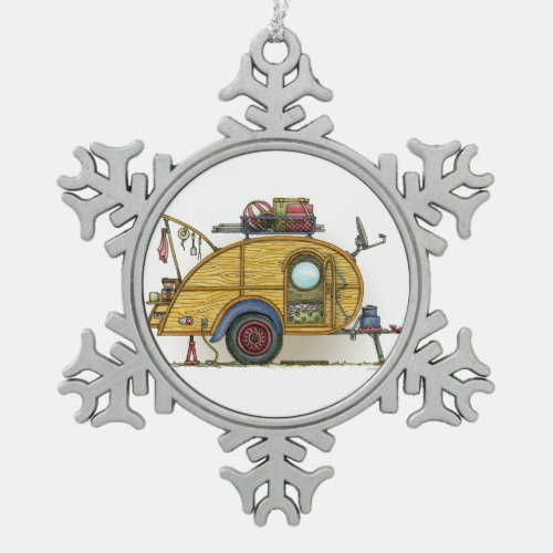 Cute RV Vintage Teardrop  Camper Travel Trailer Snowflake Pewter Christmas Ornament