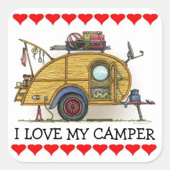 Cute Rv Vintage Teardrop  Camper Travel Trailer Square Sticker by art1st at Zazzle