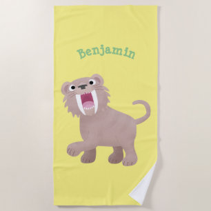 Cute Saber Toothed Tiger Smilodon cartoon Beach Towel