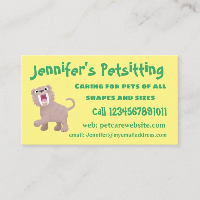 Cute Saber Toothed Tiger Smilodon cartoon Business Card (Front)