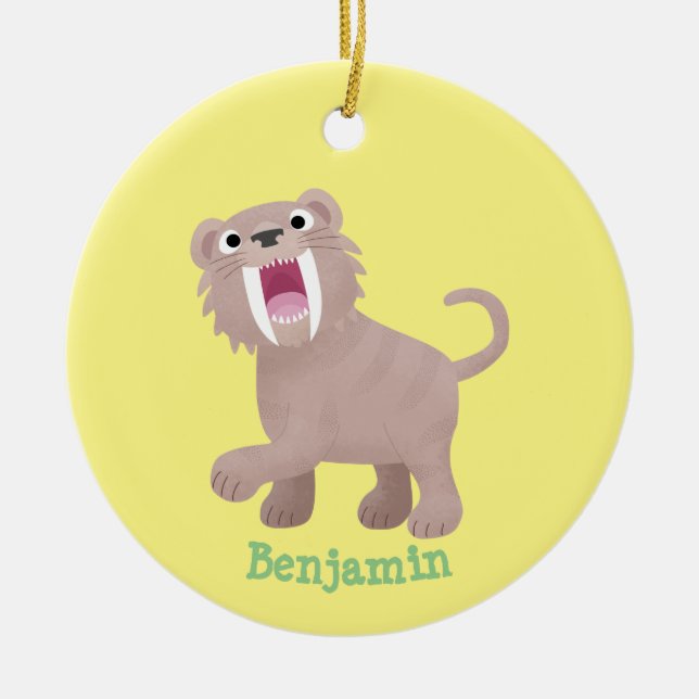 Cute Saber Toothed Tiger Smilodon cartoon Ceramic Ornament (Front)
