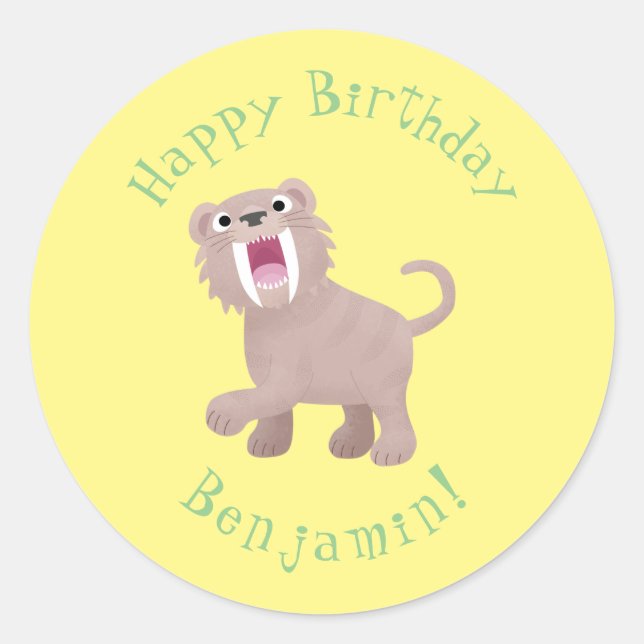 Cute Saber Toothed Tiger Smilodon cartoon Classic Round Sticker (Front)