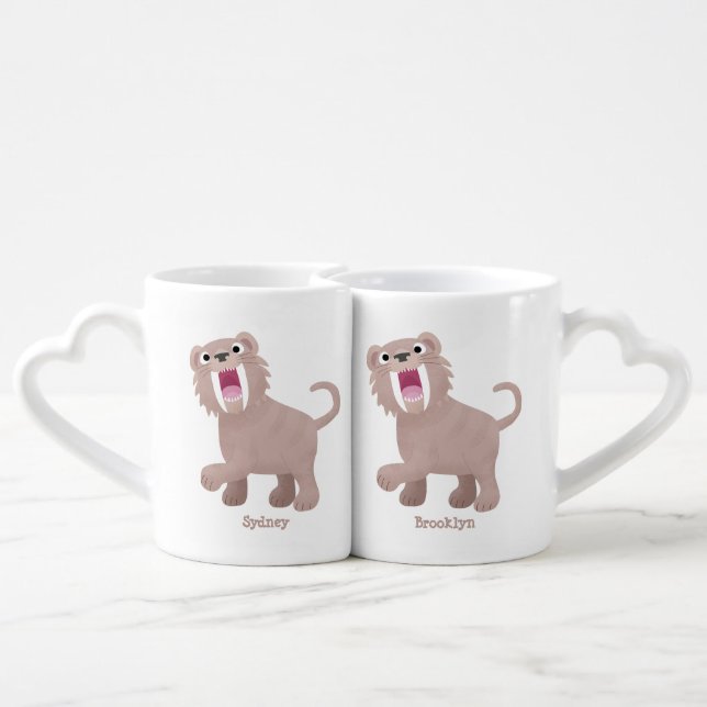 Cute Saber Toothed Tiger Smilodon cartoon Coffee Mug Set (Back Nesting)