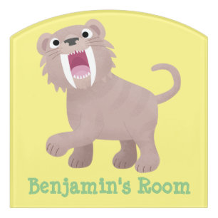 Cute Saber Toothed Tiger Smilodon cartoon Door Sign