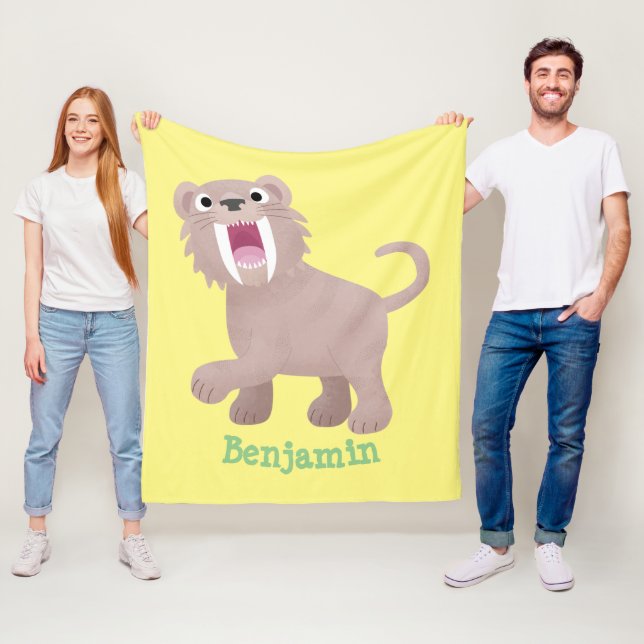Cute Saber Toothed Tiger Smilodon cartoon Fleece Blanket (In Situ)