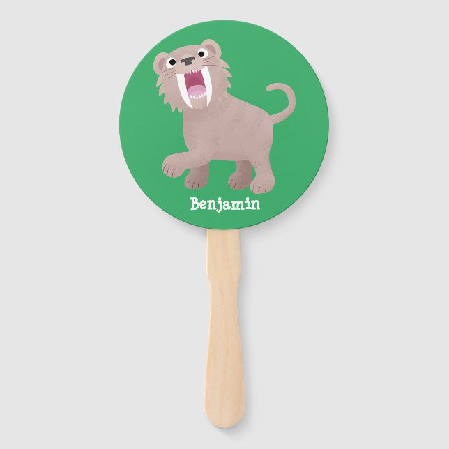 Cute Saber Toothed Tiger Smilodon cartoon Hand Fan (Front)