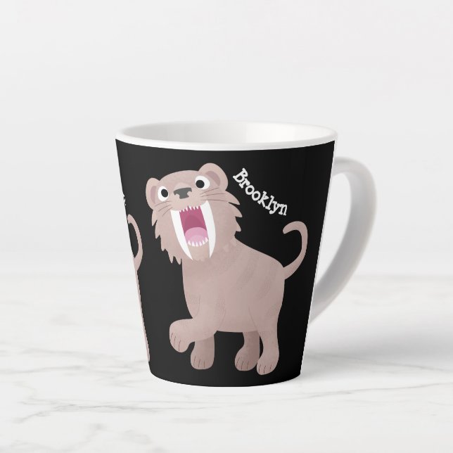 Cute Saber Toothed Tiger Smilodon cartoon Latte Mug (Right Angle)