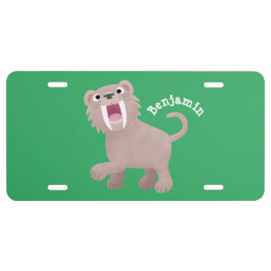 Cute Saber Toothed Tiger Smilodon cartoon License Plate
