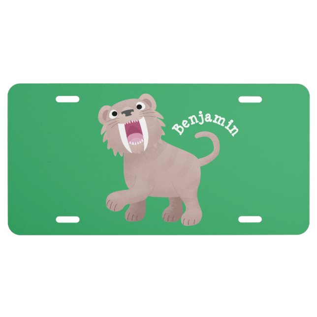 Cute Saber Toothed Tiger Smilodon cartoon License Plate (Front)