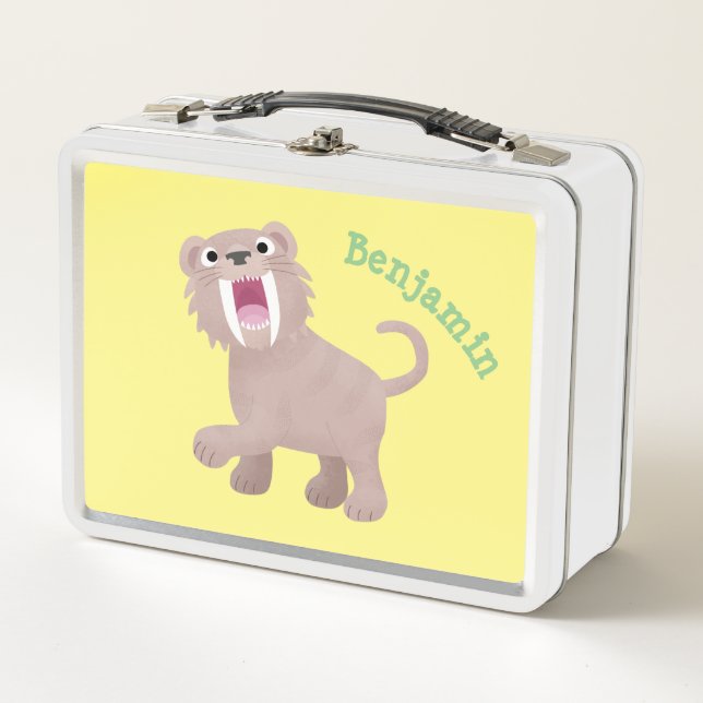 Cute Saber Toothed Tiger Smilodon cartoon Metal Lunch Box (Front)