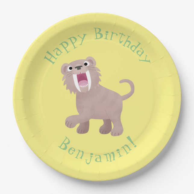 Cute Saber Toothed Tiger Smilodon cartoon Paper Plates (Front)