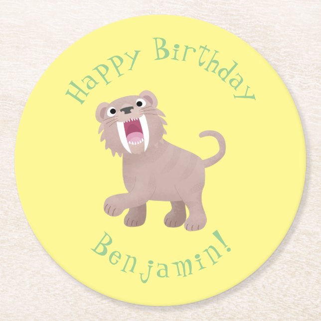 Cute Saber Toothed Tiger Smilodon cartoon Round Paper Coaster (Front)
