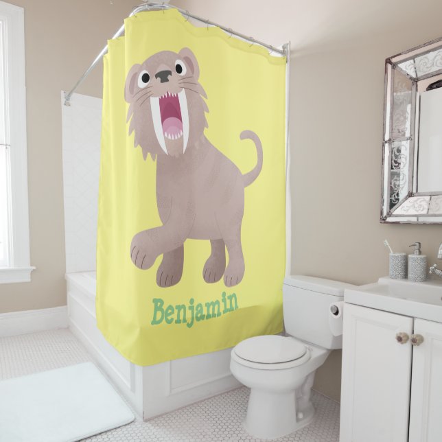 Cute Saber Toothed Tiger Smilodon cartoon Shower Curtain (In Situ)