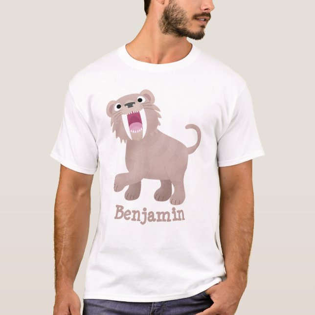 Cute Saber Toothed Tiger Smilodon cartoon T-Shirt (Front)