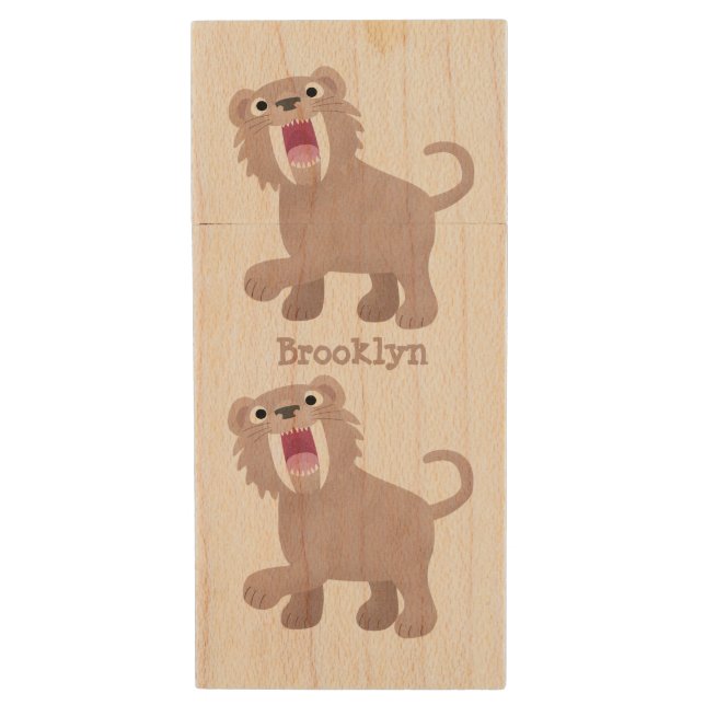 Cute Saber Toothed Tiger Smilodon cartoon Wood Flash Drive (Front Vertical)