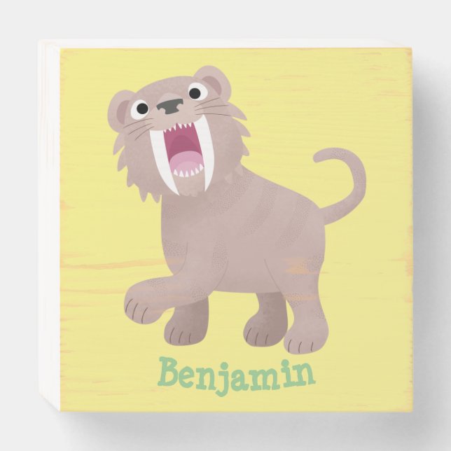 Cute Saber Toothed Tiger Smilodon cartoon Wooden Box Sign (Front Horizontal)