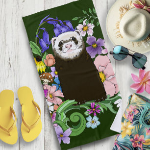 Cute Sable Ferret Wildflowers Green Woodland Beach Towel
