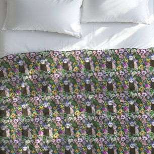 Cute Sable Ferret Wildflowers Green Woodland Duvet Cover