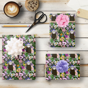 Cute Sable Ferret Wildflowers Green Woodland Wrapping Paper Sheets
