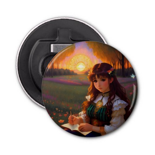 Cute Sad Anime Style Woman in Meadow at Sunset Bottle Opener
