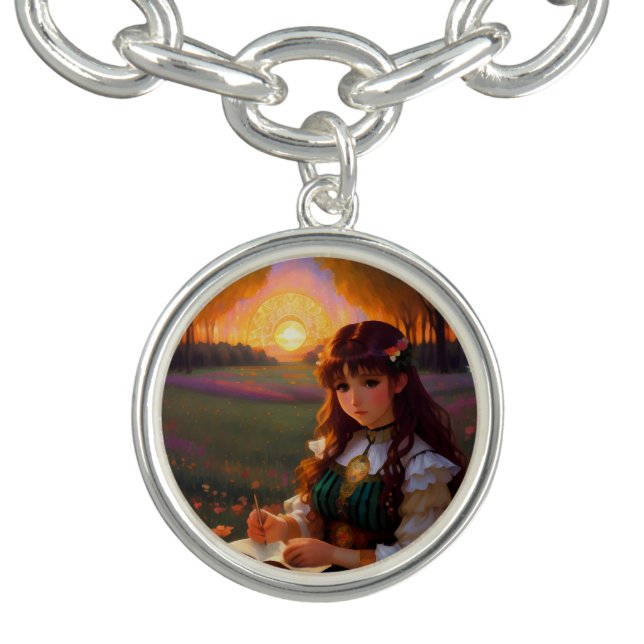 Cute Sad Anime Style Woman in Meadow at Sunset Bracelet (Design)