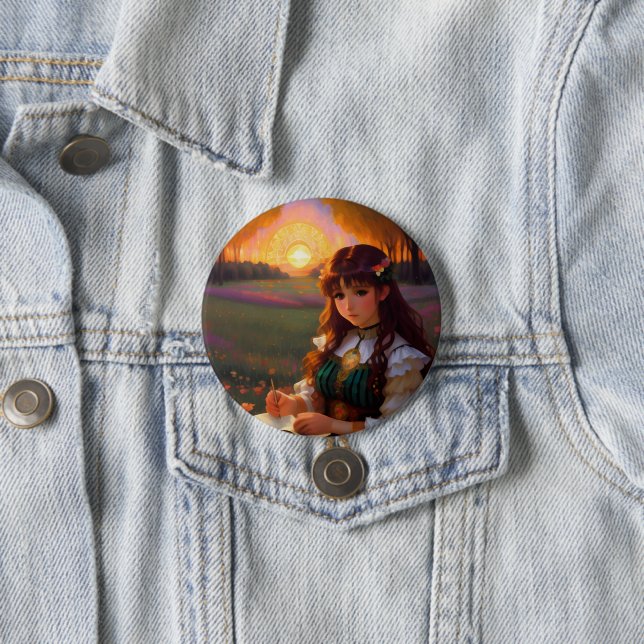 Cute Sad Anime Style Woman in Meadow at Sunset Button (In Situ)