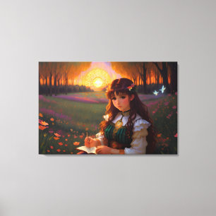 Cute Sad Anime Style Woman in Meadow at Sunset Canvas Print