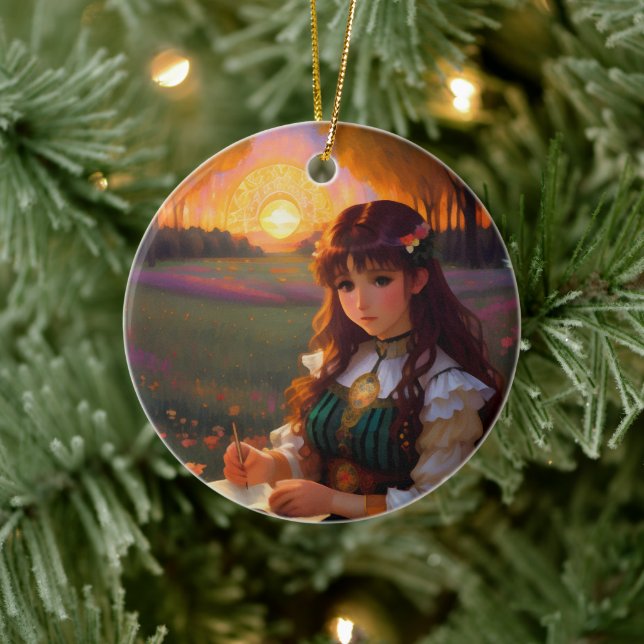 Cute Sad Anime Style Woman in Meadow at Sunset Ceramic Ornament (Tree)