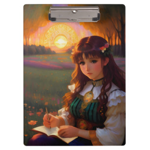 Cute Sad Anime Style Woman in Meadow at Sunset Clipboard