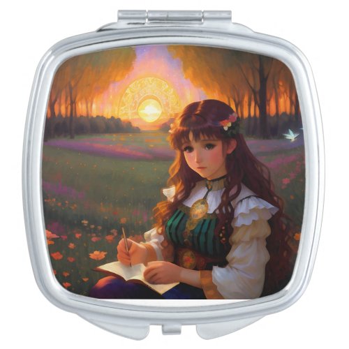 Cute Sad Anime Style Woman in Meadow at Sunset Compact Mirror