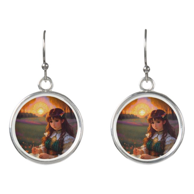 Cute Sad Anime Style Woman in Meadow at Sunset Earrings (Front)