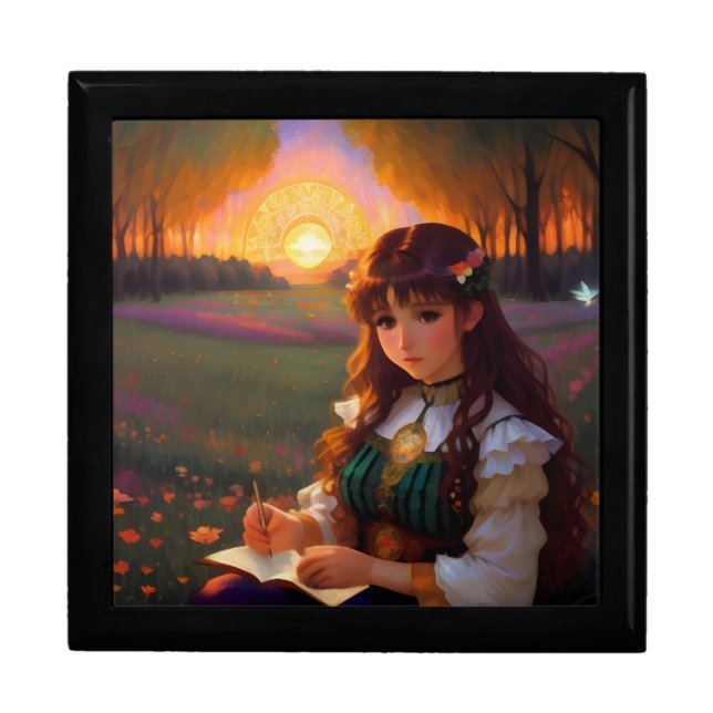 Cute Sad Anime Style Woman in Meadow at Sunset Gift Box (Front)