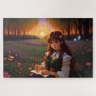 Cute Sad Anime Style Woman in Meadow at Sunset Jigsaw Puzzle