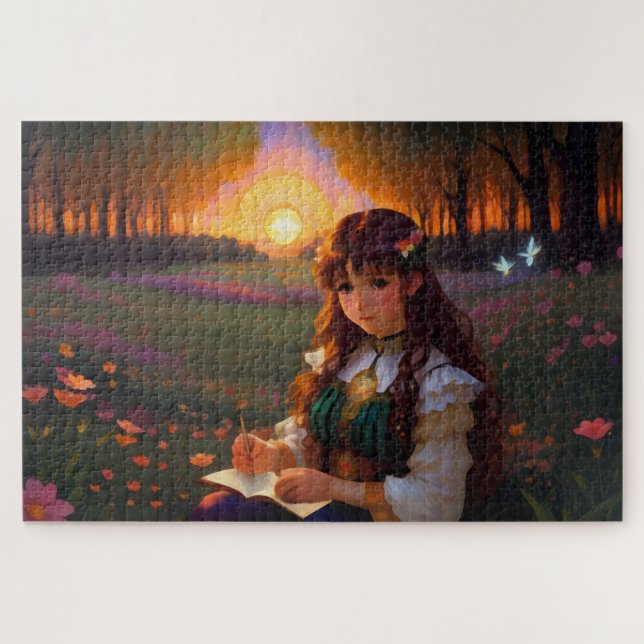 Cute Sad Anime Style Woman in Meadow at Sunset Jigsaw Puzzle (Horizontal)