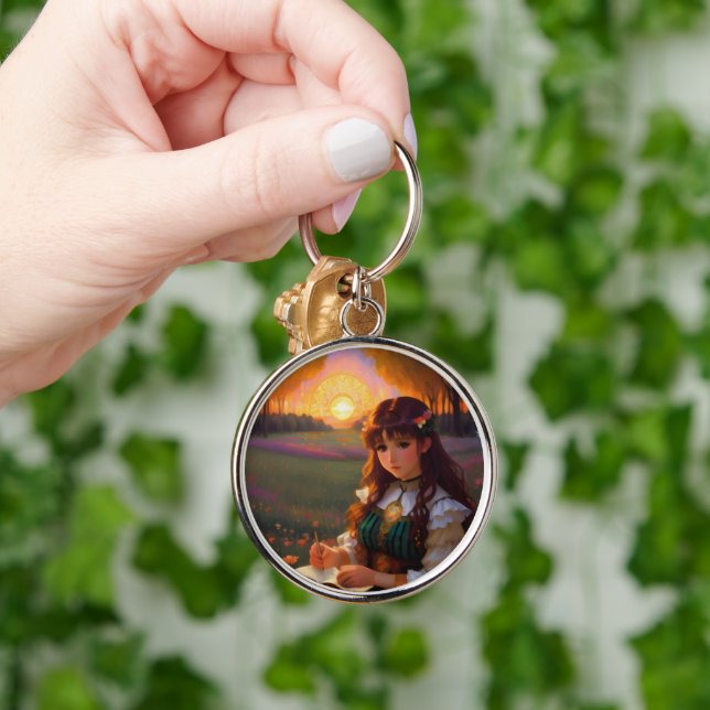 Cute Sad Anime Style Woman in Meadow at Sunset Keychain (Hand)