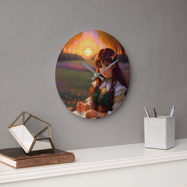 Cute Sad Anime Style Woman in Meadow at Sunset Large Clock (Office)