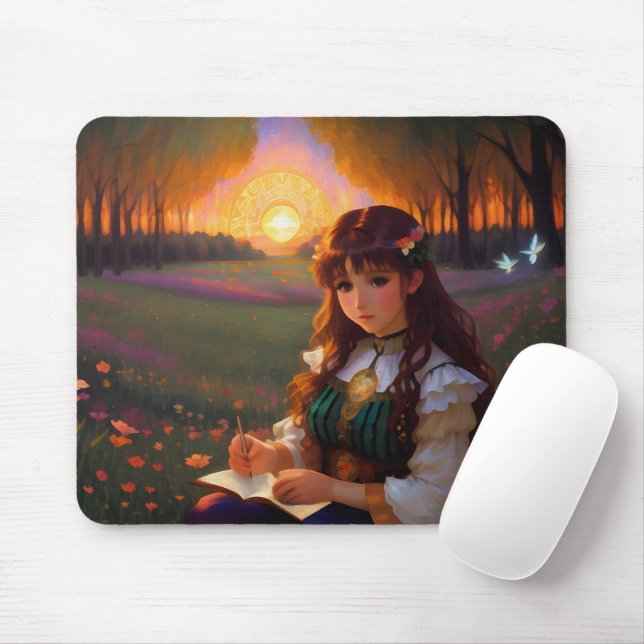 Cute Sad Anime Style Woman in Meadow at Sunset Mouse Pad (With Mouse)