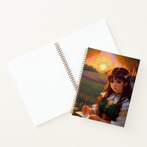 Cute Sad Anime Style Woman in Meadow at Sunset Notebook